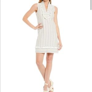 Eliza J Stripe Linen Tassel Trim Split V-Neck Sleeveless Shift Dress